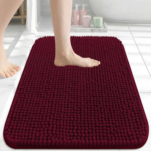 Homaxy Saugfähiger Dicker Chenille Badteppich 41×61 cm, Weinrot | Weich, Bequem, Rutschfest, TPR-Rückseite, Maschinenwaschbar, Badezimmerteppich, Badematte, Duschvorleger für Badezimmer