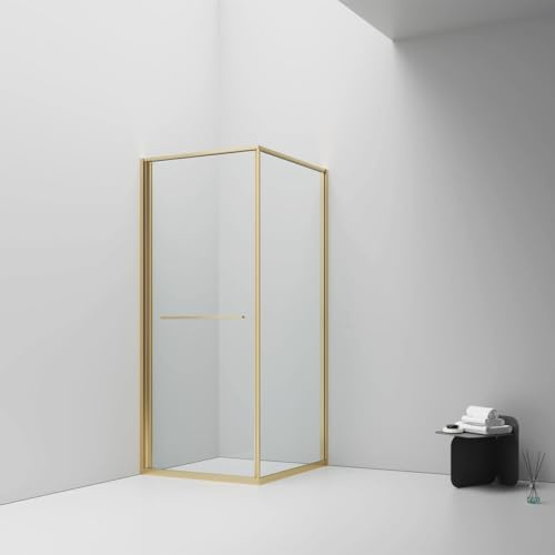 Belvit Duschkabine 90 x 90 cm, Klarglas, Gebürstetes Gold | Schiebetür nach innen öffnend, ESG Sicherheitsglas 6 mm, Anti Kalk Beschichtung, platzsparend reversibel links rechts
