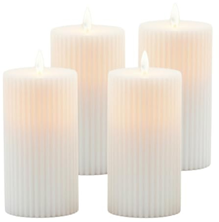Relaxdays LED Kerzen, 4er Set, HxD: 18 x 7,5 cm, flackernde Flamme, Echtwachs, Rillen, flammenlose Blockkerzen, Farbwahl