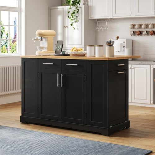Sweiko Îlot de Cuisine avec Plan Rabattable et roulettes silencieuses, Kitchen Island avec Prise USB/Type-C, étagères réglables, Chariot de Service avec Compartiment Poubelle Coulissant
