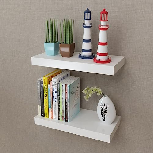 Owoxanthellate 2-Pack White Floating Shelves 40 x 20 cm MDF Wall Shelf with Hidden Brackets for Books DVDs Decorations Modern Multipurpose Storage for Living Room Bedroom Kitchen