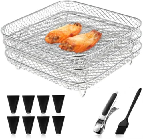 Air Fryer Rack Sets, Edelstahl Air Fryer Korb Tray Heißluftfritteuse Zubehör, 3-Layer Baking Mesh Accessories für Backofen Mikrowelle(20 x 20 x 9 cm)