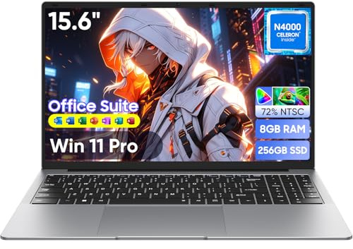 15,6 Ordinateur portable Win11 Pro avec 8 Go de RAM,SSD 256 Go,MS Office 365,écran 100 % sRGB,processeur N4000, Wi-Fi 5 double bande,Bluetooth 4.2, USB-A, HDMI, écran FHD 1920 x 1080 (N4000 8+256)