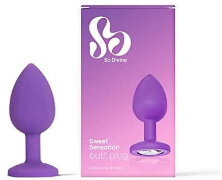 So Divine Sweet Sensation Purple Butt Plug, 100% Quality Silicone, 100% Waterproof for use in the Bath or Shower, Insertable Length: 6cm, Width: 10cm (widest Point), Includes Velvet Bag.