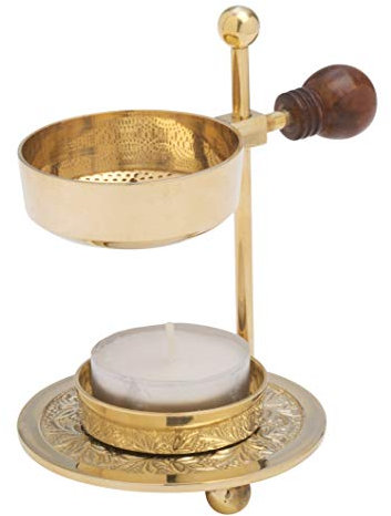 RÄUCHERSTÖVCHEN mit Holzgriff und Sieb. Aus Messing, goldfarben [Handarbeit, verstellbare Höhe 11 cm] Verstellbarer Weihrauchbrenner zum sanften Räuchern mit Teelicht (inklusive)