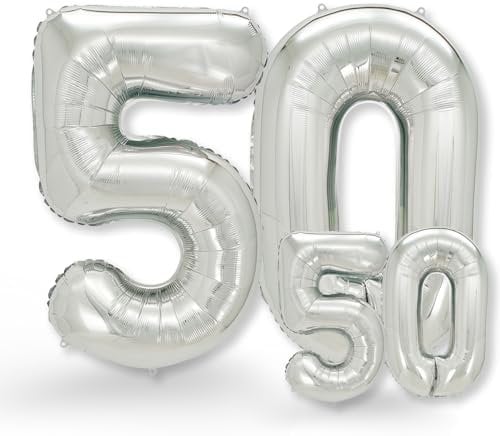 FUNXGO folienballon 50 Silber set - 2 Stück -100 & 38cm- luftballons Zahlen 50-50 Geburtstag - XXL Riesenzahl Geburtstagsdeko Set luftballon 50 silber ballon 50