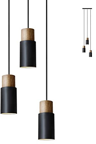 ouglres 3 Flammige Pendelleuchte Vintage Kücheninsel Hängelampe Holz Hängeleuchte Retro Lampenschirm Industrial Für E27 Hängelampe Für Kuche Restaurant Flur Wohnzimmer Untergeschoss,Schwarz,1 Pack