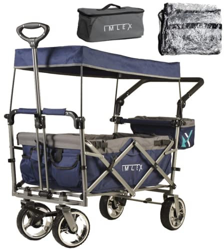 IMLEX Bollerwagen faltbar mit Dach IM-4268 mit passendem Zubehör (Mitternachtblau, Mit Regenschutz + Kühltasche)