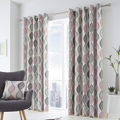 Fusion Lennox 100% Cotton Eyelet Lined Curtains, Grey/Blush, 46 x 54 Inch