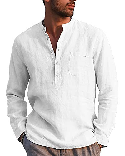 LVCBL Mens Henley Shirt Cotton Long Sleeve Summer Grandad Collars Casual Beach White 2XL