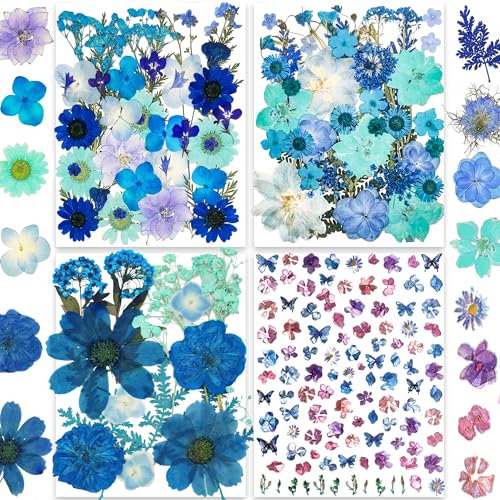 30 Typen 147 Stück Blaue Getrocknete Gepresste Blumen für Harz - Youthbro Echte Naturblumen Kräuterset für DIY Schmuck, Kerzen, Seifen, Vasenherstellung, Nagelkarten, Scrapbook-Kunsthandwerk