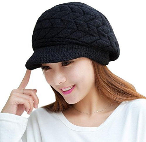 Zhiyao Damen Beanie Mütze Schirmmütze mit Schirm Kappe Winter Skullies Strickmützen Kaninchenfell mütze