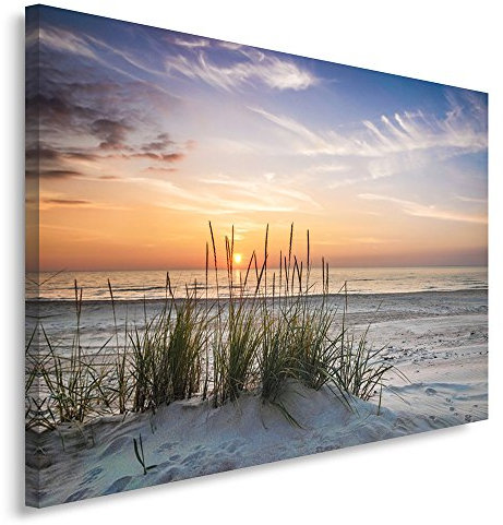 Feeby Bild auf Vlies Leinwand Meer Strand Gras Natur 50x40 cm Kunstdruck Modern Wandbilder Deko Flur Wohnzimmer Sonnenuntergang mehrfarbig
