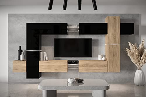 Furnitech Wohnwand Wohnzimmer - Möbel mit LED RGB - 16 Farben - Hängend Wohnwand Modern - Schrankwand mit Regale und TV Schrank (AN91NEW-21BS-HGM23)