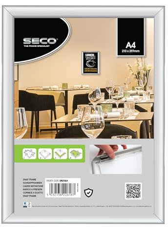 SECO SN25A4-5 Klapprahmen aus Aluminium, A4, silberfarben, 210 x 297 mm, leicht zu öffnen, für Poster, Verkaufsstellen, Speisekarten, Gesundheits- und Sicherheitshinweise, 5 Stück