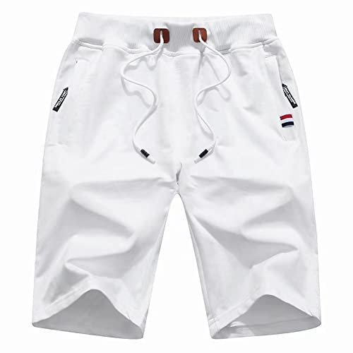 JustSun Mens Shorts Casual Sports Joggers Shorts with Elastic Waist Zipper Pockets White UK Large