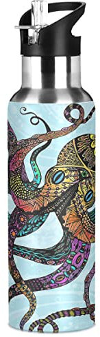 Bouteille d'eau en acier inoxydable avec paille, gourde isotherme en forme de pieuvre pour enfants et adultes, étanche, 1 l