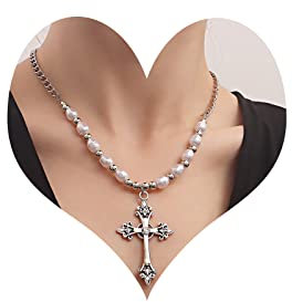 Inateannal Silberne Kreuz-Halskette Für Frauen Gothic Perlen Schlüsselbein Kette Halskette Statement-Halskette Kette Y2k-Schmuck Für Frauen Mädchen