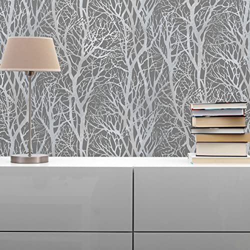 TADESSI Tapete Wald und Blätter Enrico M1-No.26 Vliestapete Silber Grau Waldtapete Natur Wohnzimmer Schlafzimmer Küche