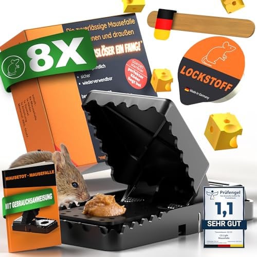 Fairfield Mausefalle [8er Set] – Tierschutzgerechte Profi Mausefalle Schlagfalle + giftfreies Anlockmittel - Sofort startklar & Wiederverwendbare Mäusefalle - für Haus & Garten