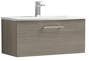 nuie ARN2525G Arno Modern Bathroom Wall Hung 1 Drawer Vanity Unit with Curved Ceramic Basin, 800mm, Woodgrain Solace Oak