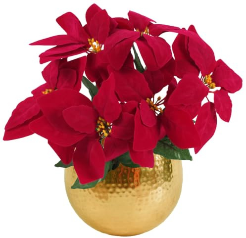 Leaf Artificial Christmas Xmas Red Poinsettia 40cm Houseplant in Pot, Silk, Silver Straight Edge