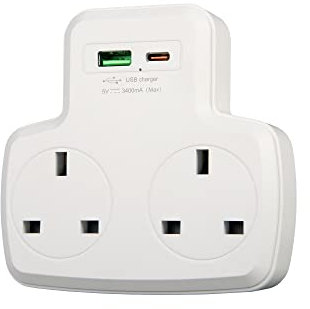 iN Double Plug Adaptor UK with USB Ports | Type-C | 2 Way Adaptor | Multi Sockets | Short Circuit Protection | Double Adaptor Plug UK |