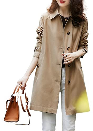 NAYKRA Trench mi-Long Femme Doublure à Carreaux Printemps et Automne Trench de Couleur Unie à Boutonnage Ample (Color : Khaki, Size : XL 55-60kg)