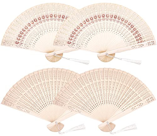 CKANDAY Faltbarer Fächer aus Holz mit Quasten, 4 Stück, Vintage, Sandelholz, Sonnenblume, Sommer, Dekoration
