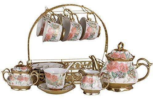 Tea Kaffeetassen-Set, 15-teilig, europäischer Stil, Rosenmuster, glasiertes Porzellan, Kaffee- und Teeservice mit 6-teiligen Tassen (rotes 15er-Set)
