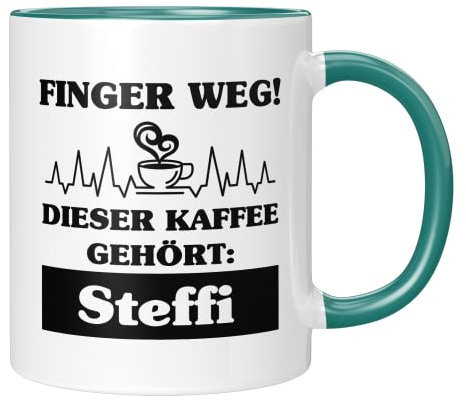 TassenTicker - Tasse mit Spruch Personalisierung - Finger weg! Dieser Kaffee gehört - Wunschname - Namenstasse - Kaffeetasse - Geschenk für Büro Arbeit - Kollege Kollegin - Kaffeesüchtig (Türkis)
