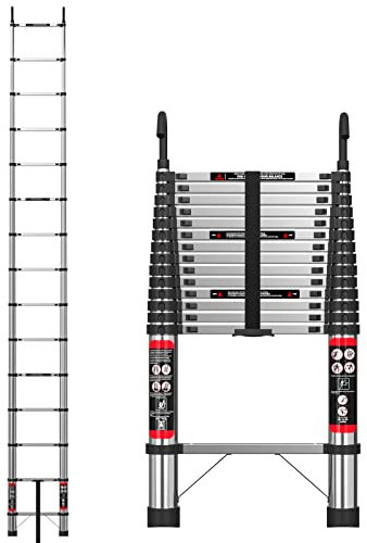 4.4M Telescopic Ladder with Hook Stainless Steel Heavy Duty Extendable Foldable Multi Purpose Ladder EN131 Safety Approved