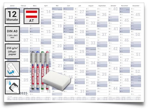 Gigatime ® Din A0 2x Österreichischer Wandkalender, Jahresplaner 2025 118,8 x 84,0 cm xxl groß blaugrau feucht abwischbar mit 2 x 4 non permanent Markern und Schwamm