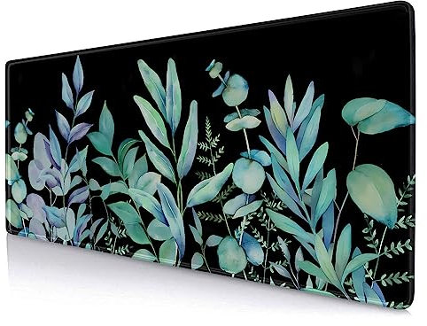 LTHAOGUO Green Leaf Desk Mat, Botanical Plant Gaming Mouse Pad, Black XL Long Mousepad, Desk Decor Office Gift, 31.5 X 11.8 Inch