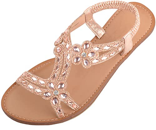 ABSOLUTE FOOTWEAR Womens Sparkly Diamante Summer Holiday Beach Elasticated Strap Sandals - Rose Gold - UK 4 / EU 37