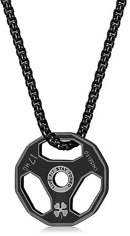 HMOOY Hantel Halskette, Titan Hantel Anhänger aus Edelstahl Hantelkette Paar Anhänger Fitness Studio Halskette Sportschmuck für Männer Jungen (Schwarz-vierblättriges Kleeblatt)