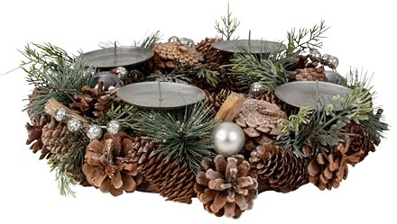 Corona de Adviento de Navidad de varios materiales redonda con decoración plateada/verde/marrón para velas, diámetro 34 cm