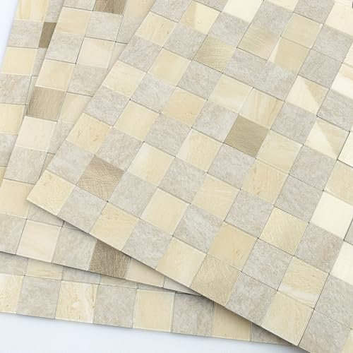 BeNice Square Stick on Mosaic Tile Stickers,Marble Self Adhesive Wall Tiles Kitchen Splashback Bathroom Shower Wall Panels Waterproof(10 pcs,Beige)