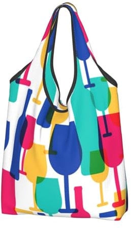 Jmorco Cocktail Glasses And Wine Bottles Large Reusable Foldable Ladies Shopping Bag Eco Tote Handbag Fold Away Shopper Bag