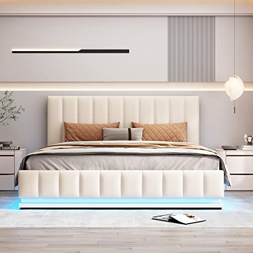 Letto Matrimoniale 160 x 200 cm con LED, Vano Portaoggetti e Testiera Regolabile in Altezza, Letto Contenitore con Rete a Doghe