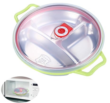 Plato Bebe Compartimentos 19CM Platos Infantiles con tapa PP Platos Divididos Acero Inoxidable Plato Harvard Niños Sin BPA Apto para Lavavajillas y Microondas (19CM, Verde)
