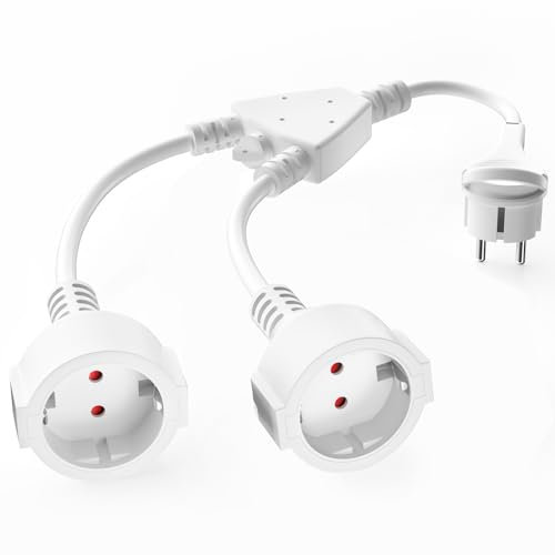 Doppelstecker für Steckdose, Verlängerungskabel mit 2 Fach Steckdosen und Flachstecker, AOUOO 2 Fach Schuko Y Verteiler, 1.5 mm² Flexible Kable, 16A/250V, IP20 Wasserdicht, für Zuhause, Büro Weiß