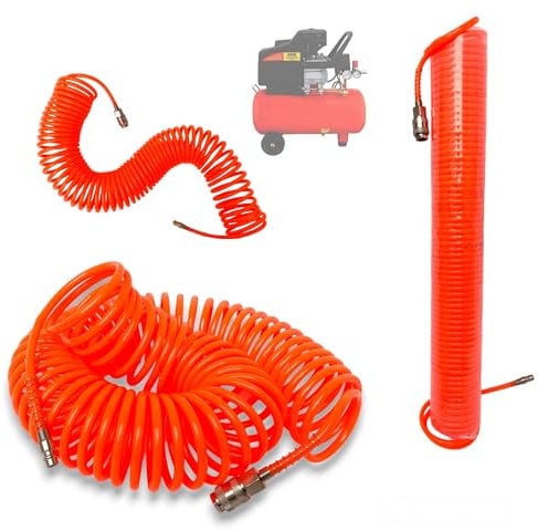 Tubo ad Aria Compressa 18 Metri a Spirale con Attacco Rapido a Baionetta innesto 1/4 Tubo per Compressore Aria Flessibile Elastico con Protezione Piegature