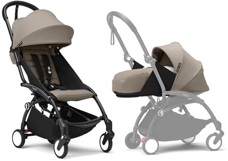 Stokke YOYO3 Kinderwagen mit Neugeborenen Set - Enthält schwarzen Rahmen, YOYO 6 + Textilset (Taupe) & 0 + Neugeborenen Set (Taupe)