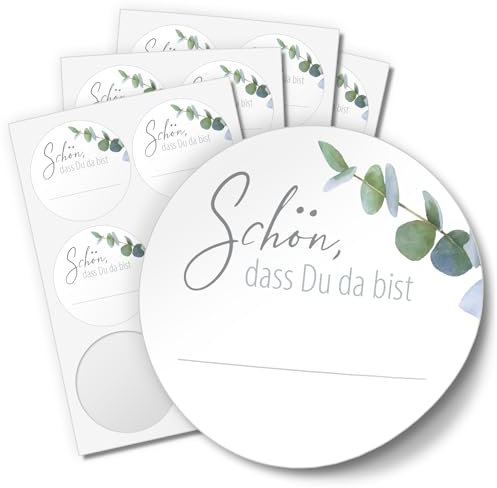 48 Aufkleber SCHÖN, DASS DU DA BIST für Hochzeit Geburtstag Danke Taufe Etiketten rund 4cm, Eukalyptus