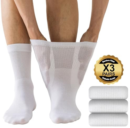 Niorasen Men's Extra Wide Diabetic Bamboo Socks, 3/6 Pairs | 72% bamboo socks with a loose soft top and seamless toe for swollen feet and legs; reinforced heel and toe for daily comfort.