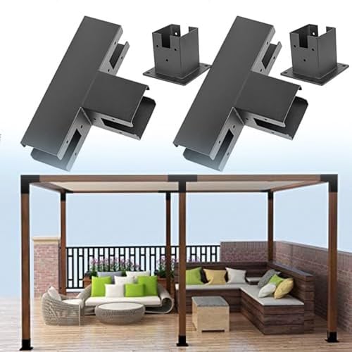 HOHOVYVY Pergola, set fai da te, supporto angolare a T a 3 vie, supporto in legno rialzato con viti, per travi in legno, pergolato, giardino, legno e gazebo in metallo (2 set)