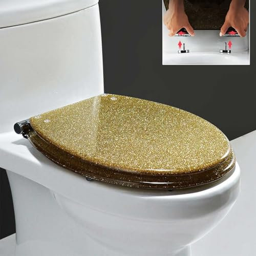 Care Spring Asiento De Inodoro De Resina Brillante, Asiento De Inodoro Alargado con Bisagras De Metal, Tapa De Inodoro De Cierre Lento, Fácil De Limpiar Cubierta De Asiento De Inodoro,Oro