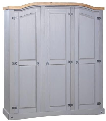 Swpsd Wardrobe, With 1 Top Shelf, 1 Hanging Bar and 4 Shelves, Domed Top Design, Mexican Pine Corona Range 3 Doors, for Home Bedroom or Cloakroom Grey