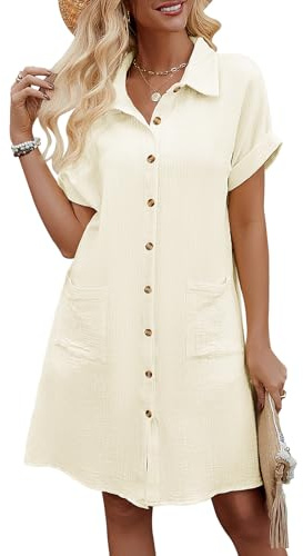Niwicee Sommerkleid Damen Baumwolle Kleider Musselin Kleid Damen Kleider Knielang Casual Strandkleid Kurzarm Kleid Sommer Shirtkleider Freizeitkleid mit Taschen S-XXL(Beige,M)